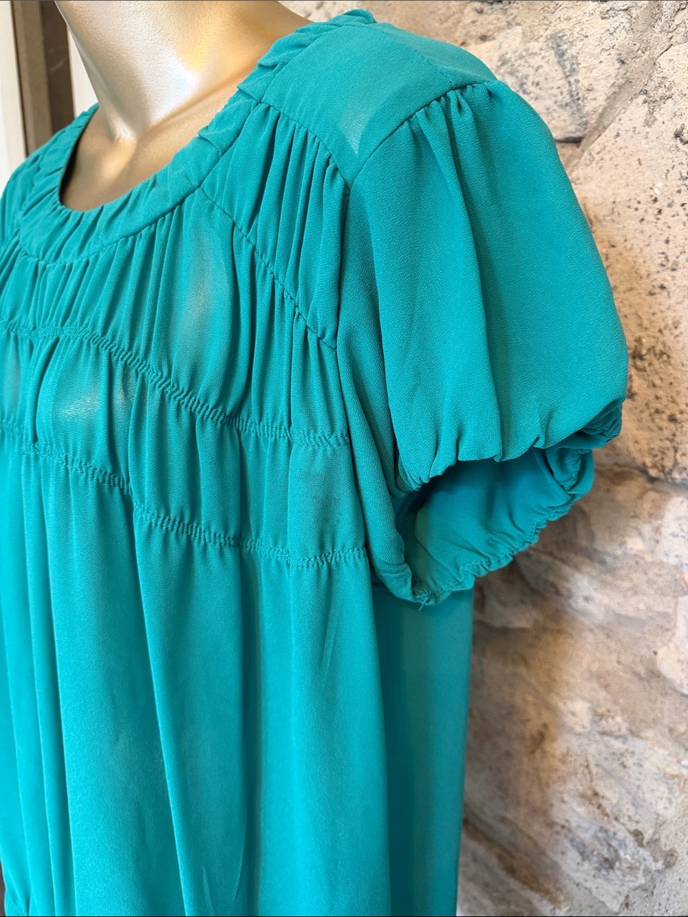 Teal Short-Sleeve Blouse - Gathered Yoke - Picture 5 of 8